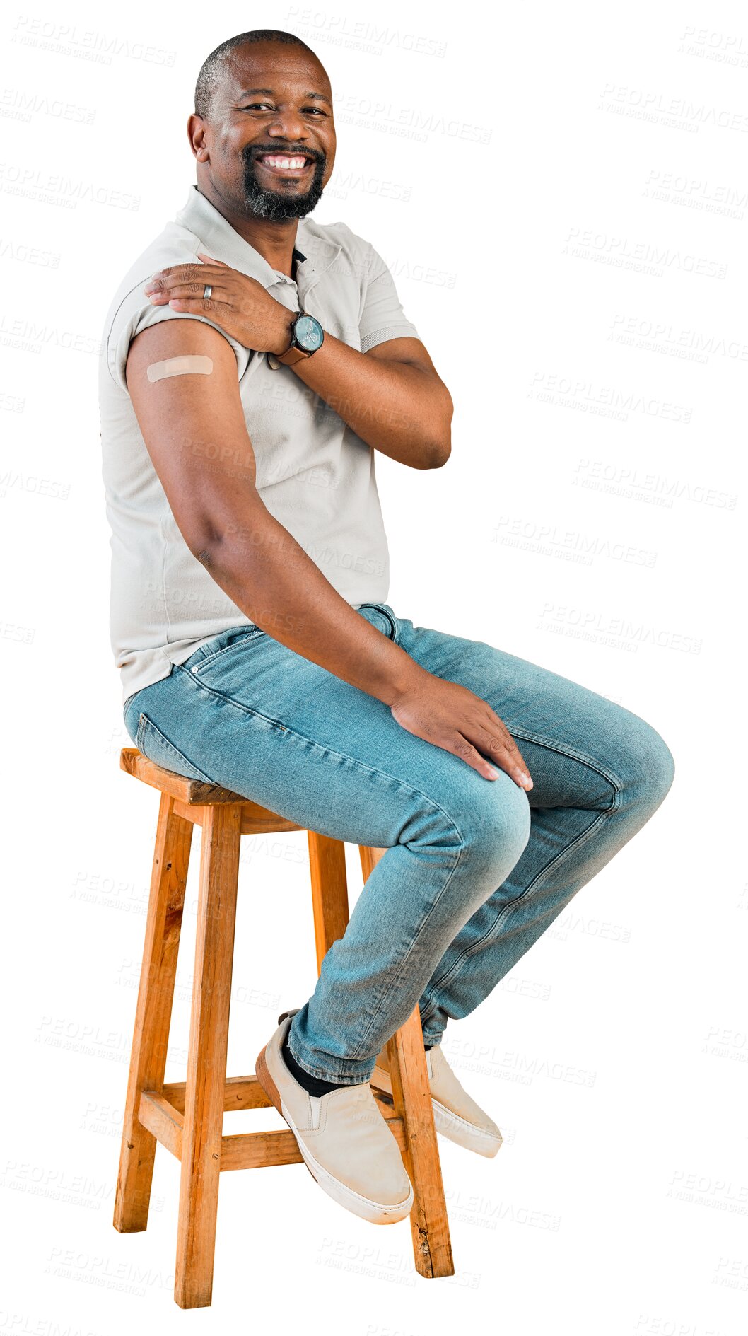 Buy stock photo Portrait, smile and black man with vaccine plaster on chair and isolated, transparent or png background. Vaccination, immunity and African guy happy face with arm band for covid, safety or compliance