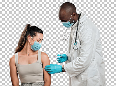African american doctor giving covid vaccine to mixed race woman and wearing surgical face mask. Hispanic patient getting corona injection from physician against red studio background with copyspace