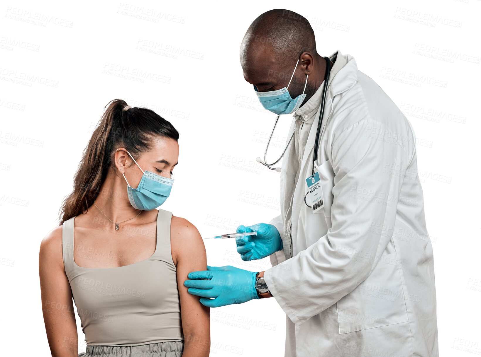 Buy stock photo Doctor, patient and face mask, covid and vaccine with healthcare isolated on png transparent background. Injection, needle and safety from corona virus with man and woman at clinic with health