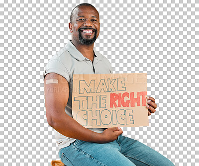 African american covid vaccinated man showing plaster on arm, holding poster. Portrait of smiling black man isolated against yellow studio background with copyspace. Promoting corona vaccine on sign