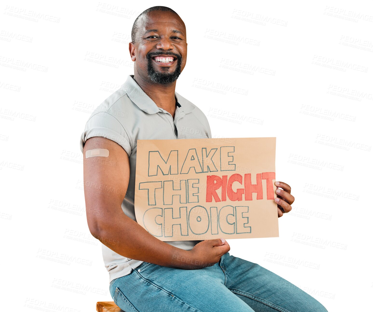 Buy stock photo Portrait, smile and poster for covid with a black man isolated on a transparent background for healthcare promotion. Medical, freedom and rights with a happy male patient on PNG for health choice