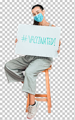 Mixed race covid vaccinated woman showing holding poster and wearing surgical face mask. Hispanic model isolated alone on red background in studio with copyspace. Promoting corona vaccine with sign