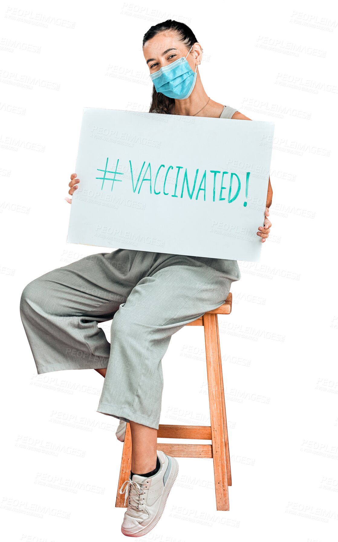 Buy stock photo Woman, face mask and vaccine promotion poster, portrait and covid healthcare isolated on png transparent background. Female person with billboard sign, safety from corona with advertising and health