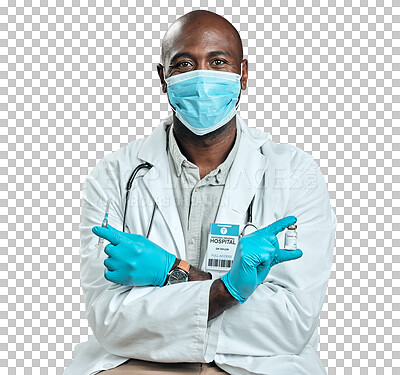 African american covid doctor holding corona vaccine and needle while wearing surgical face mask. Portrait of black physician holding drug vial and syringe against red studio background with copyspace