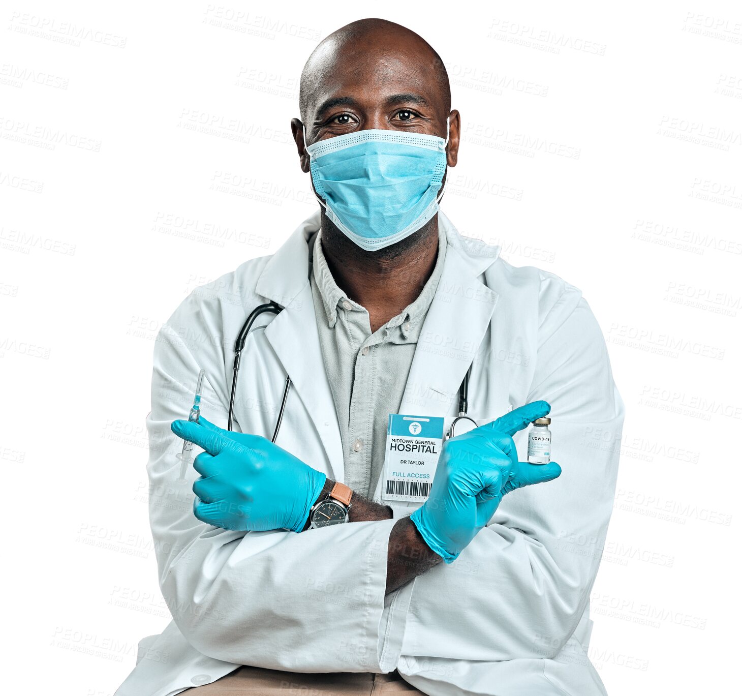 Buy stock photo Doctor, face mask and vaccine medicine for pharmacy, hospital or healthcare service with virus. Medical compliance of african man, portrait and needle for covid isolated on PNG transparent background