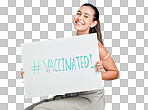 Mixed race covid vaccinated woman showing plaster on arm and holding poster. Portrait of smiling hispanic woman isolated against red studio background with copyspace. Promoting corona vaccine on sign