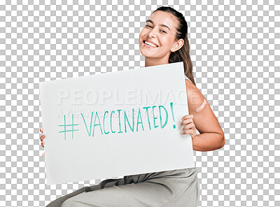 Buy stock photo Woman, smile and vaccine promotion poster, portrait and covid healthcare isolated on png transparent background. Female person, corona immunity and billboard, hashtag and social media ads for health