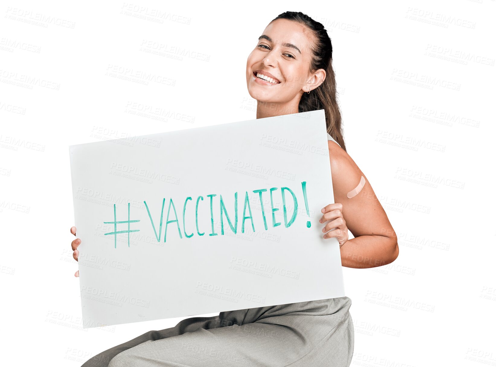 Buy stock photo Woman, smile and vaccine promotion poster, portrait and covid healthcare isolated on png transparent background. Female person, corona immunity and billboard, hashtag and social media ads for health