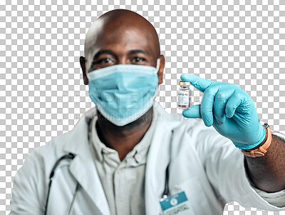 African american covid doctor holding corona vaccine while wearing surgical face mask. Closeup portrait of black physician with drug vial against red studio background with copyspace. Virus protected