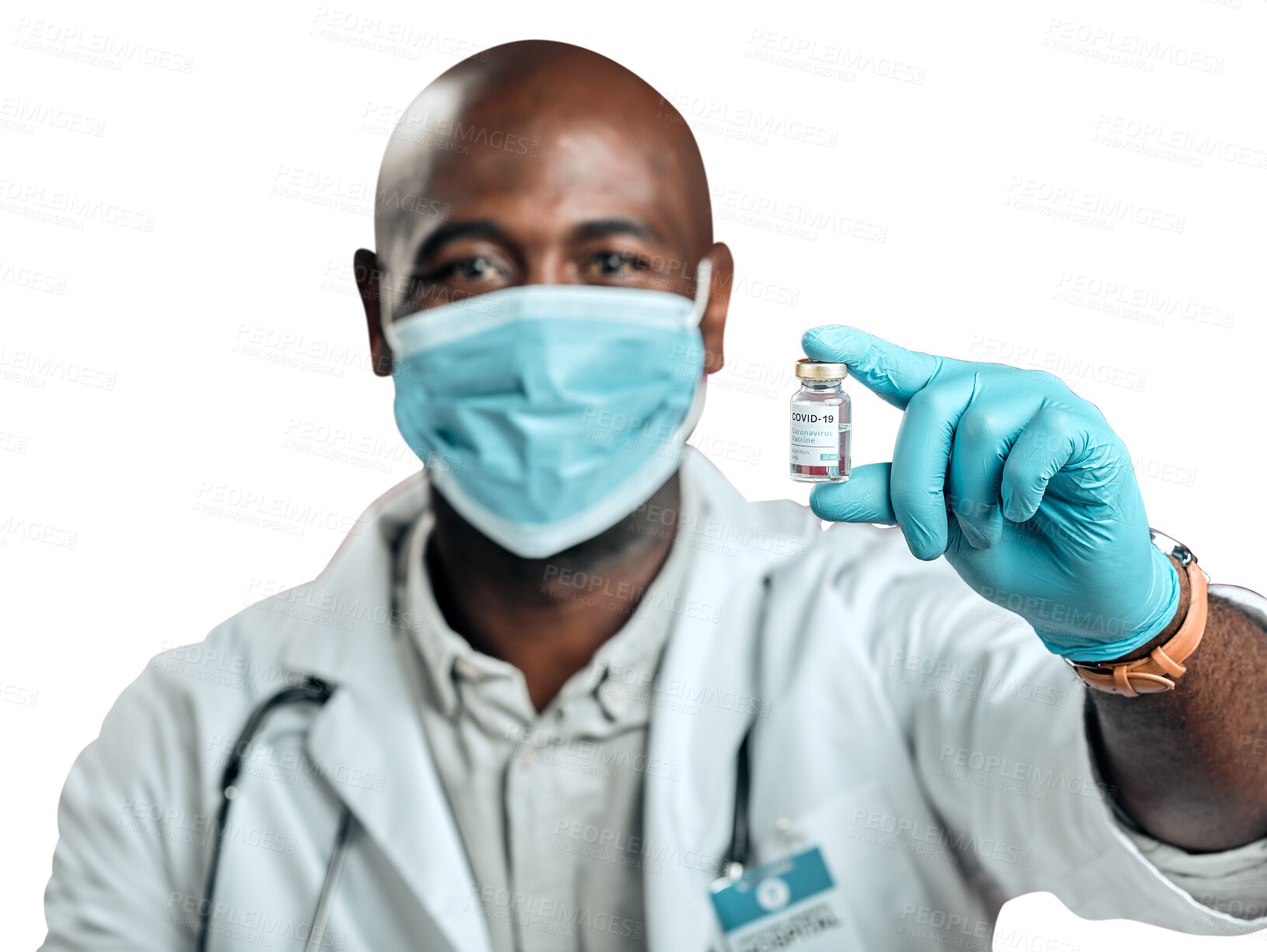 Buy stock photo Black man, doctor and vaccine, portrait and covid healthcare with medicine isolated on png transparent background. Male physician with bottle, safety from corona virus and health with help and drugs