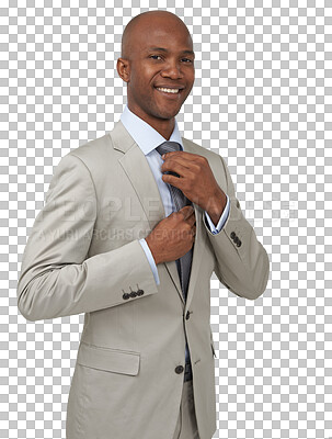 Buy stock photo Black man in business, fix tie and portrait with career success and professional isolated on png transparent background. Male CEO, management and entrepreneur with confidence, corporate job and smile