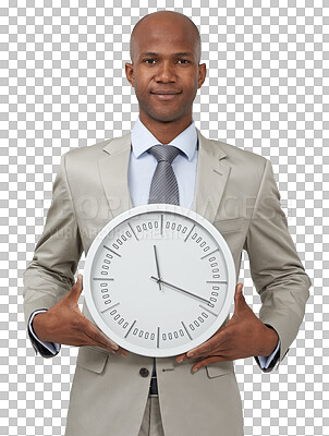 Buy stock photo Clock, time and portrait of a business man isolated on a transparent, png background. Professional African person show reminder for agenda management, appointment and corporate career with a smile 