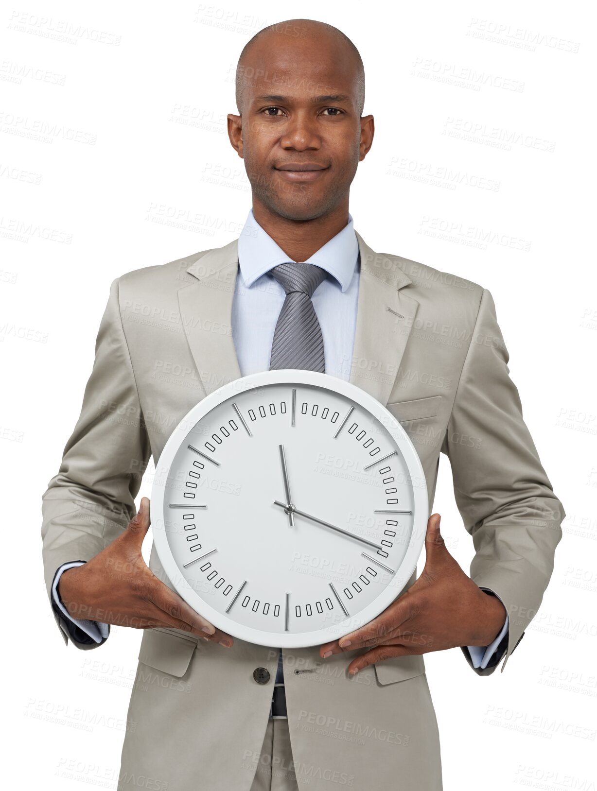 Buy stock photo Clock, time and portrait of a business man isolated on a transparent, png background. Professional African person show reminder for agenda management, appointment and corporate career with a smile 