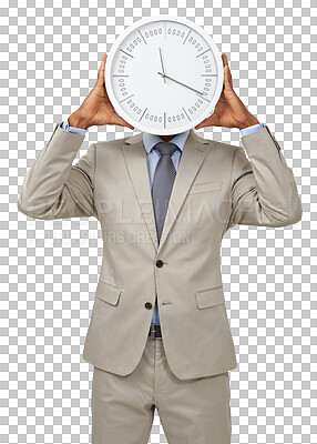 Buy stock photo Time, clock and business man hiding isolated on a transparent, png background. Professional African person show reminder for agenda management, appointment and corporate career or deadline 