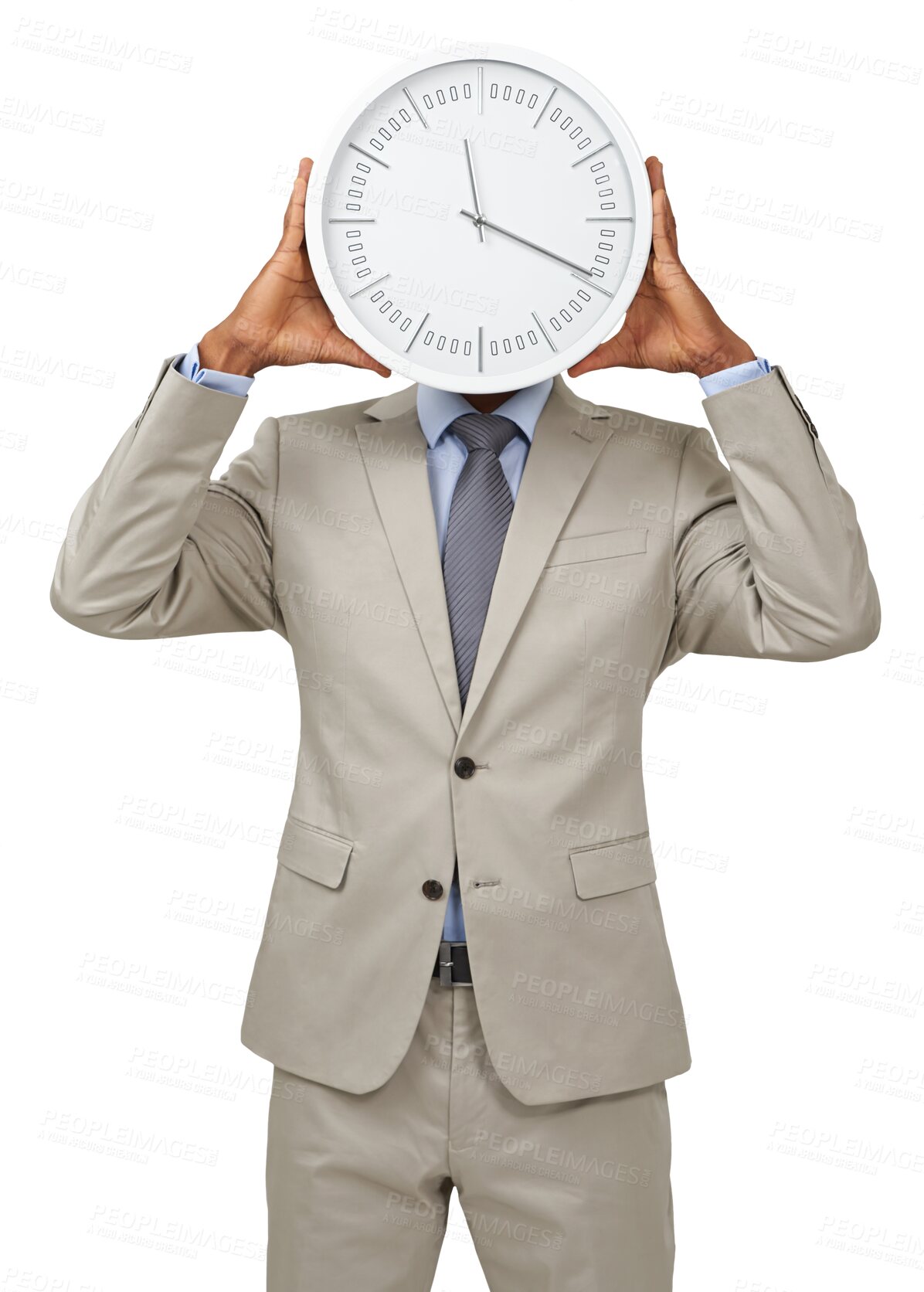 Buy stock photo Time, clock and business man hiding isolated on a transparent, png background. Professional African person show reminder for agenda management, appointment and corporate career or deadline 