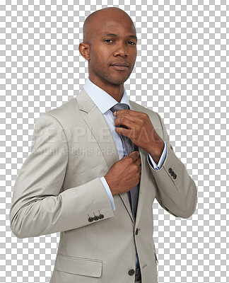 Buy stock photo Portrait, business and black man with confidence, suit and success isolated on a transparent background. Formal male person or entrepreneur with pride, office job and professional with png and career