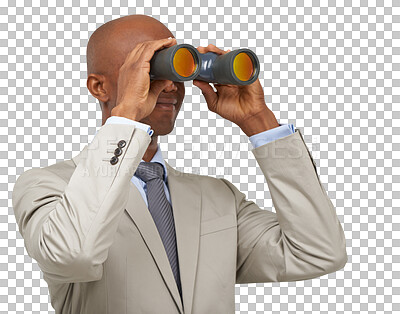 Buy stock photo Business, black man and binocular, future and vision isolated on a transparent png background. Telescope, professional lens and person search, watch and spy, survey or monitor in perspective insight