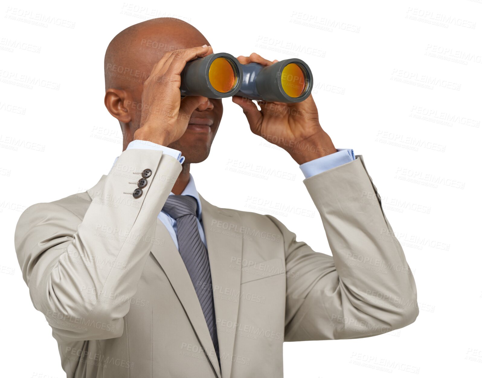 Buy stock photo Business, black man and binocular, future and vision isolated on a transparent png background. Telescope, professional lens and person search, watch and spy, survey or monitor in perspective insight