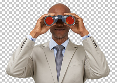 Buy stock photo Business, black man and binocular, future and portrait isolated on a transparent png background. Telescope, professional face and person search, watch or spy, survey or monitor, vision or perspective