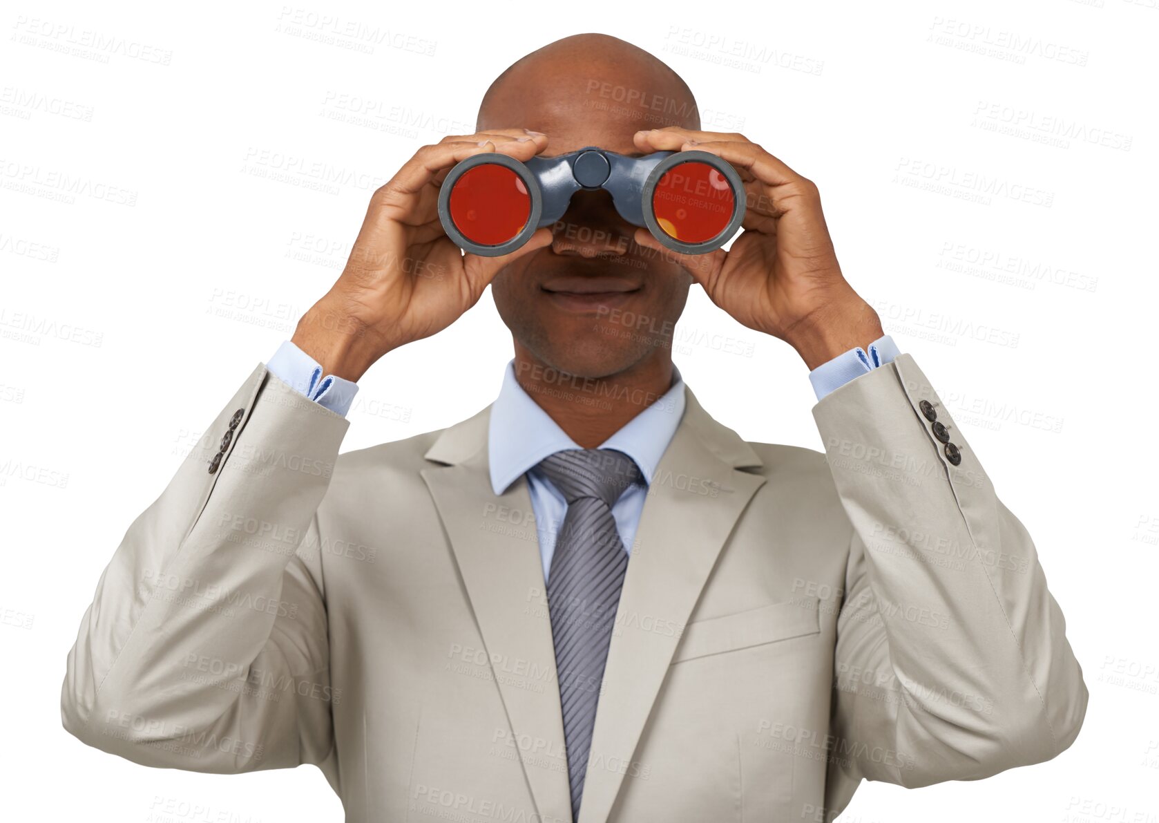 Buy stock photo Business, black man and binocular, future and portrait isolated on a transparent png background. Telescope, professional face and person search, watch or spy, survey or monitor, vision or perspective