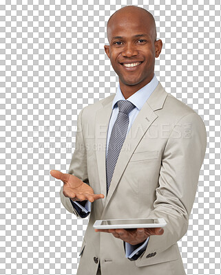 Buy stock photo Portrait, hand pointing and business man with tablet for recruitment news on isolated, transparent or png background. Face, smile and guy show online deal, hiring or sign up for email marketing promo