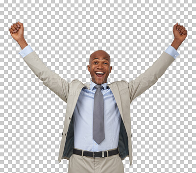 Buy stock photo Celebrate, success and portrait of a business man isolated on transparent, png background. Professional African person with shout or excited for win, achievement and corporate career victory or bonus