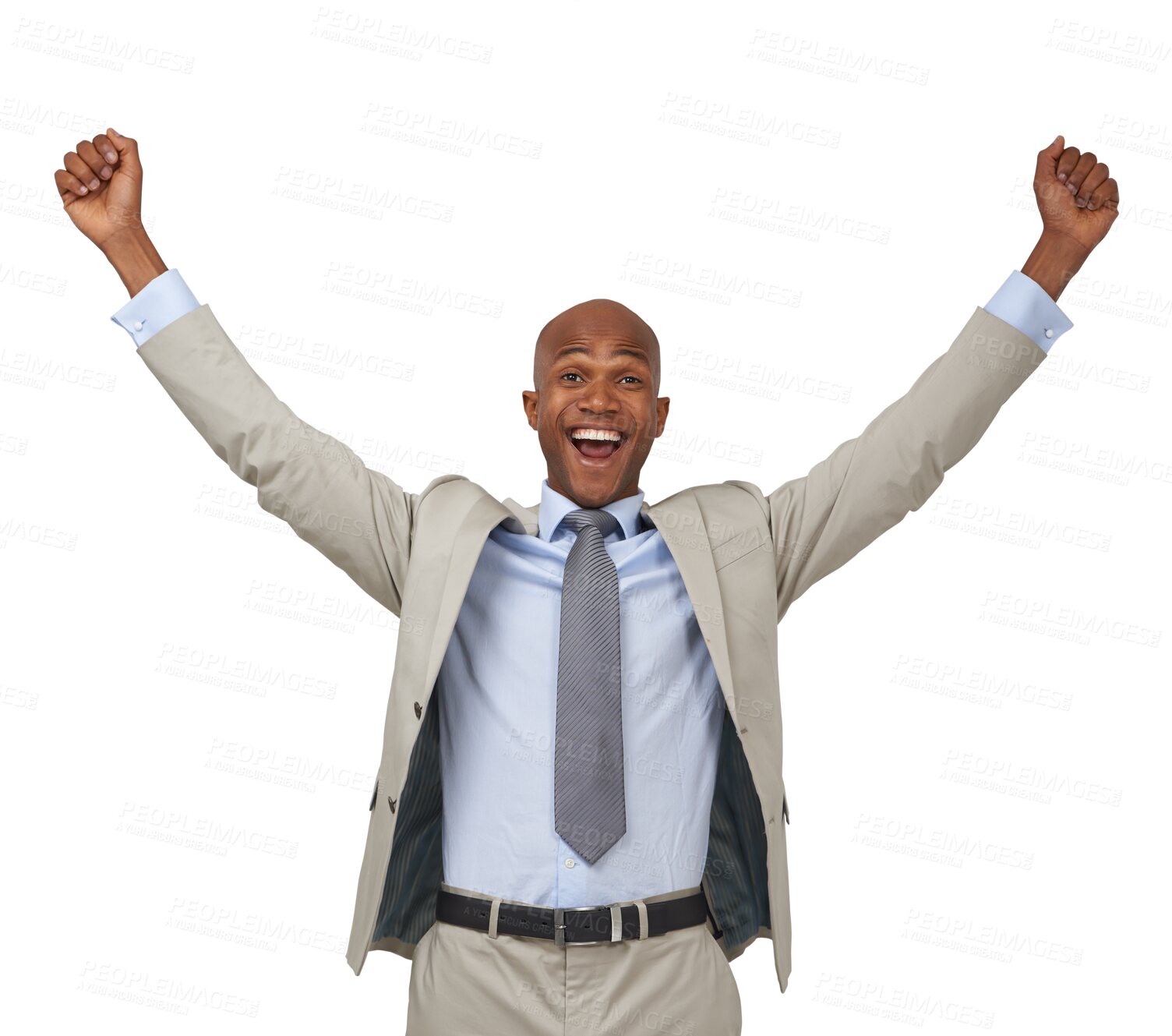 Buy stock photo Celebrate, success and portrait of a business man isolated on transparent, png background. Professional African person with shout or excited for win, achievement and corporate career victory or bonus