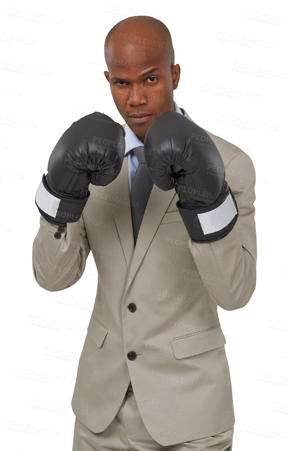 Buy stock photo Boxing gloves, fight and portrait of business black man on isolated, png and transparent background. Corporate manager, professional and serious male person for empowerment, challenge and conflict