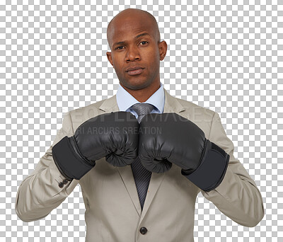 Buy stock photo Boxing gloves, professional and portrait of business black man on isolated, png and transparent background. Corporate manager, power and serious male person for empowerment, challenge and fight