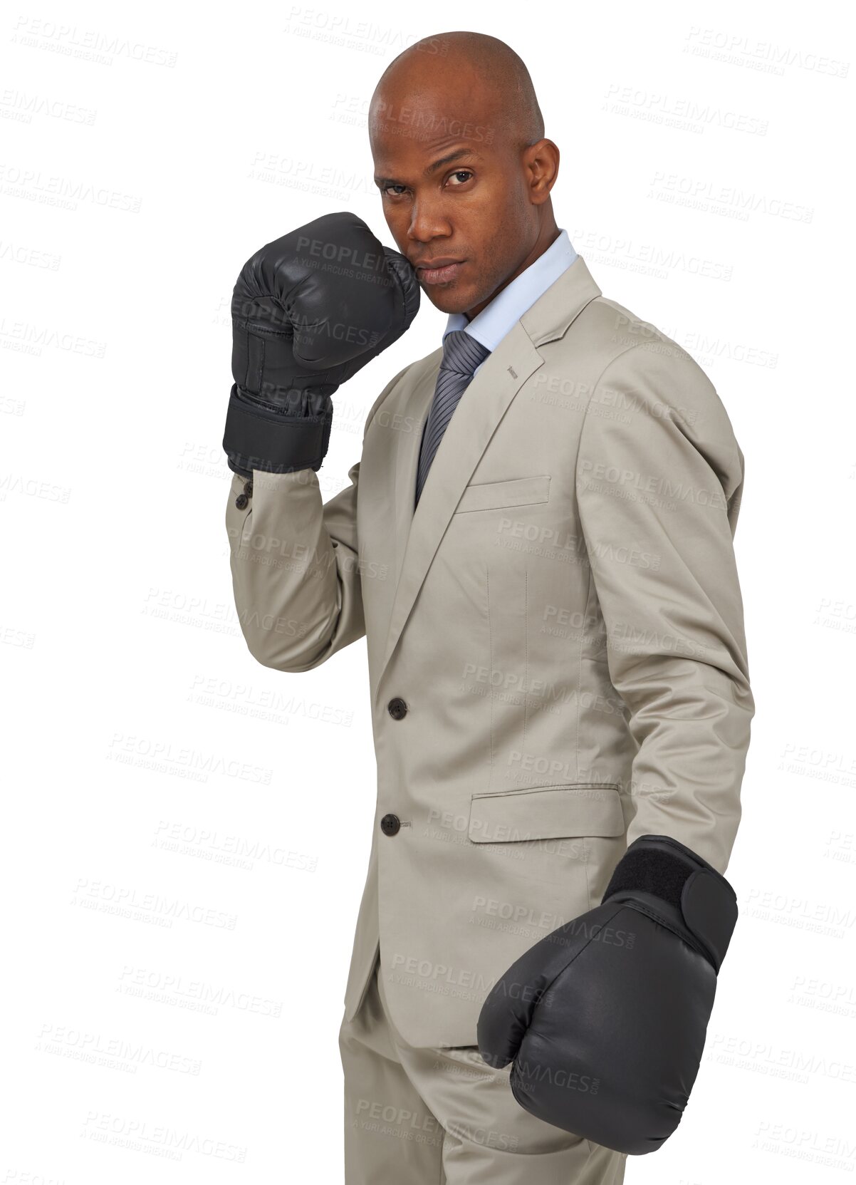 Buy stock photo Boxing gloves, power and portrait of business black man on isolated, png and transparent background. Corporate manager, professional and serious male person for empowerment, challenge and fight