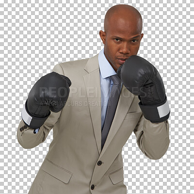 Buy stock photo Boxing gloves, fight and portrait of business black man on isolated, png and transparent background. Corporate manager, professional and serious male person for empowerment, challenge and conflict