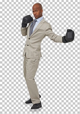 Buy stock photo Boxing, professional and portrait of black man with gloves on isolated, png and transparent background. Corporate manager, power fight and serious male person for empowerment, challenge and business