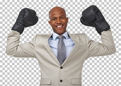 Buy stock photo Boxing gloves, winner and portrait of business black man on isolated, png and transparent background. Corporate manager, power and happy male person celebrate for empowerment, challenge or leadership