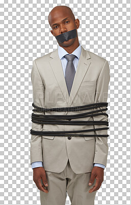 Buy stock photo Tape, business and black man tied up, mouth and stress isolated on a transparent background. Rope, male person and employee with corporate trouble, secret and control with png, career and portrait