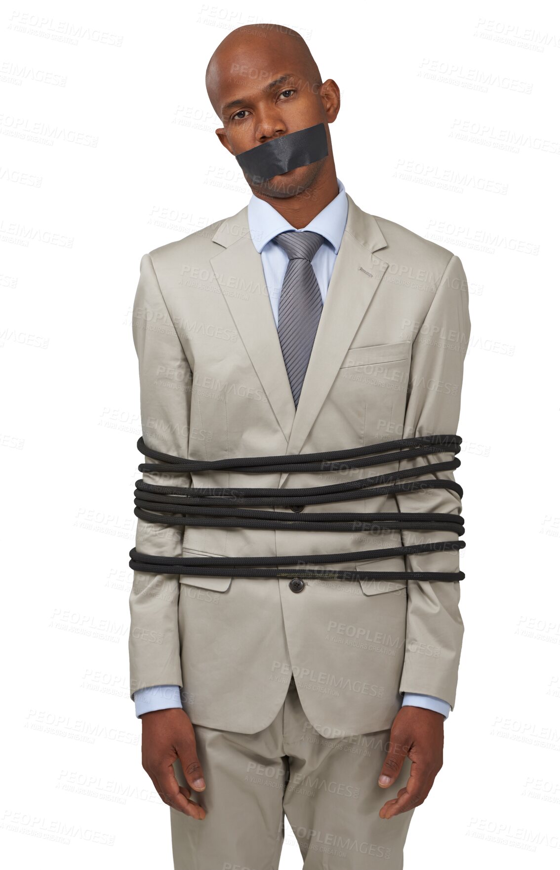 Buy stock photo Tape, business and black man tied up, mouth and stress isolated on a transparent background. Rope, male person and employee with corporate trouble, secret and control with png, career and portrait