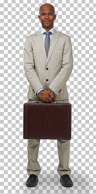 Buy stock photo Black man, briefcase and portrait with corporate career and smile isolated on png transparent background. Professional success, business and male employee with suit, confidence in salesman job