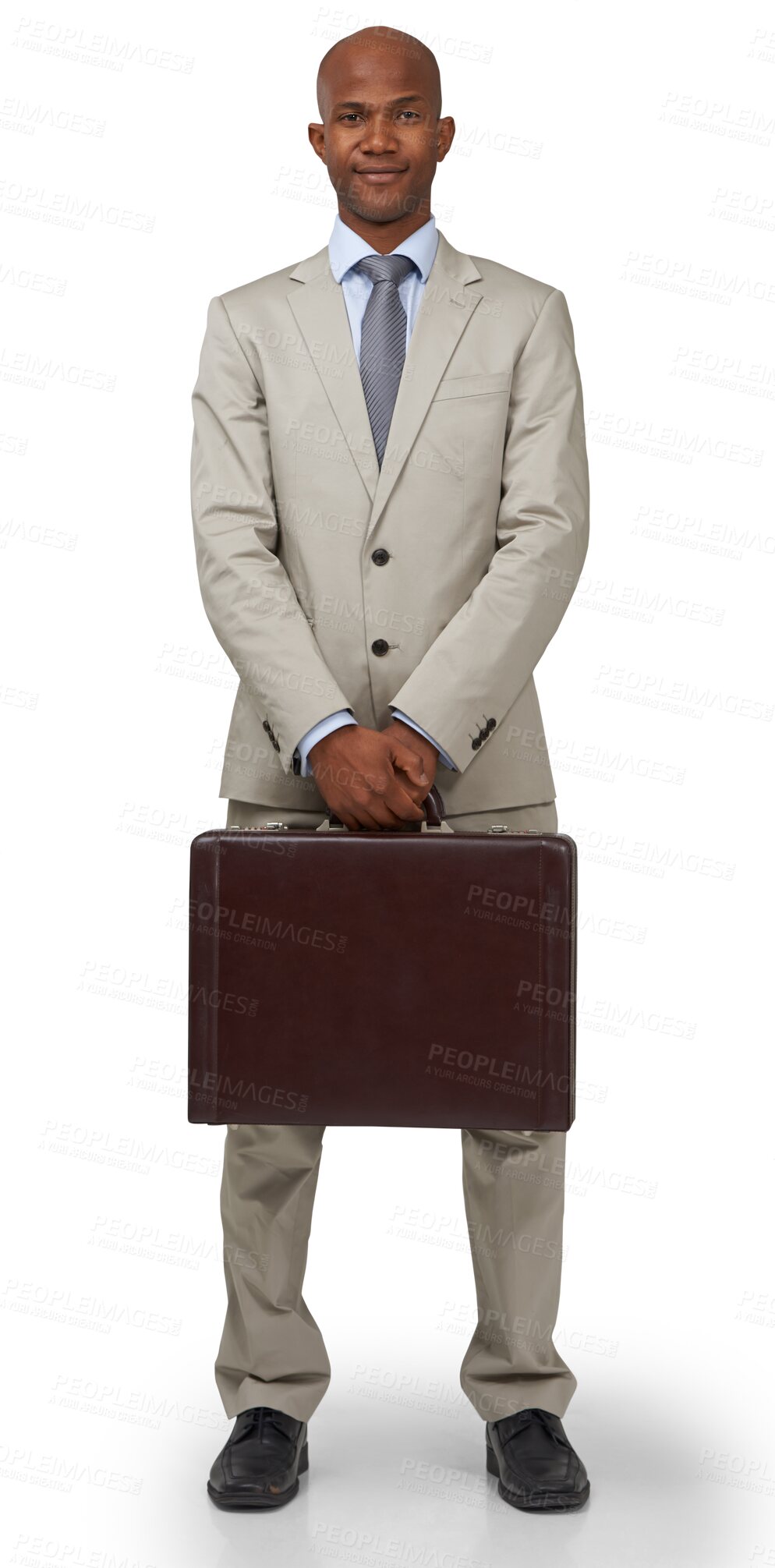 Buy stock photo Black man, briefcase and portrait with corporate career and smile isolated on png transparent background. Professional success, business and male employee with suit, confidence in salesman job