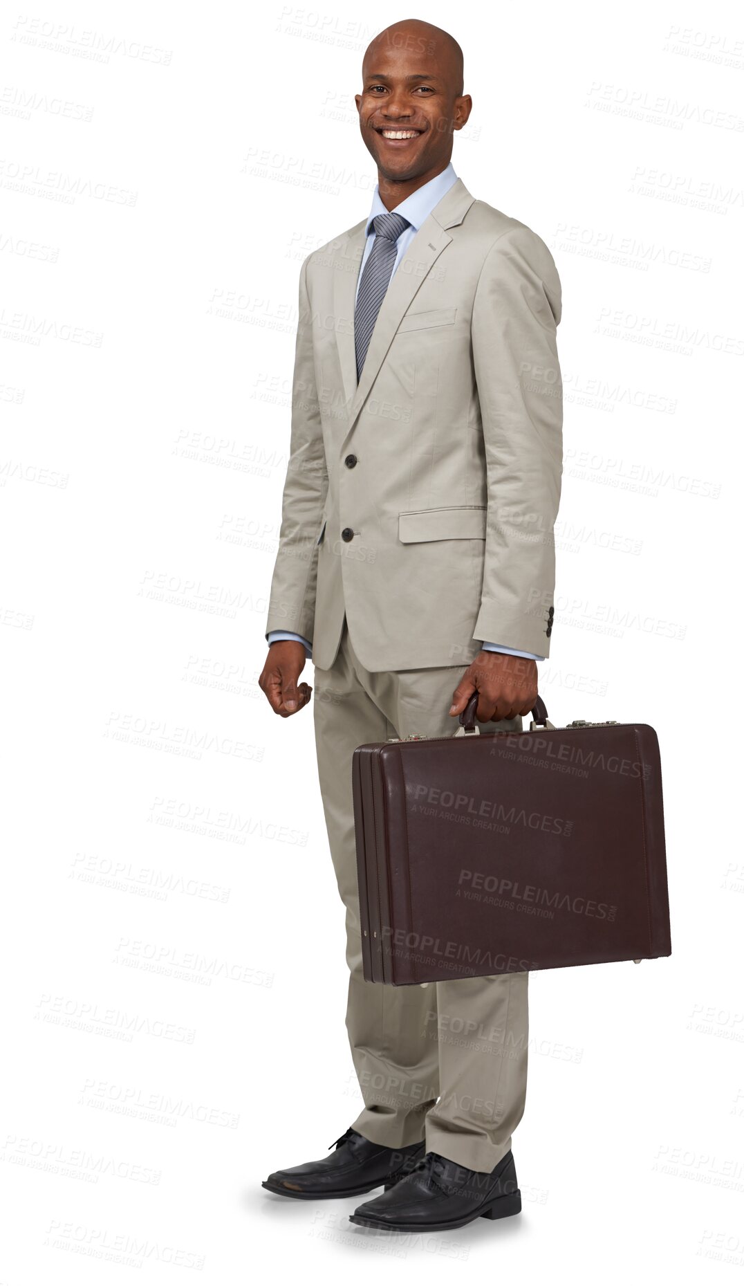 Buy stock photo Black man, briefcase and full body portrait, professional success and smile isolated on png transparent background. Career, business pride and male CEO with suit, confidence and job satisfaction