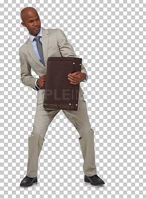 Buy stock photo Briefcase, business and black man with happiness, fun and employee isolated on a transparent background. Play, male person and African model in a suit, happy and professional with a career and png