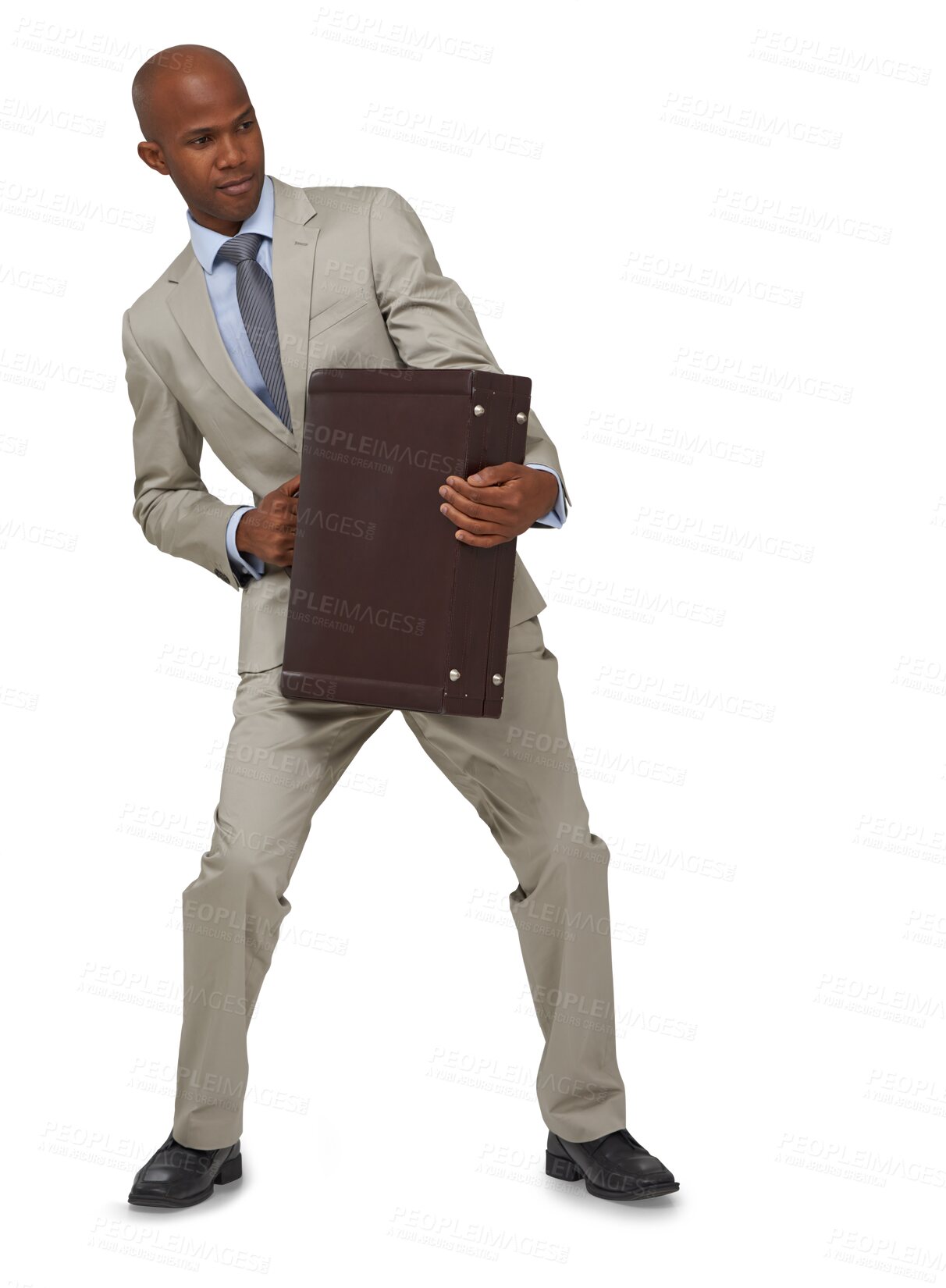 Buy stock photo Briefcase, business and black man with happiness, fun and employee isolated on a transparent background. Play, male person and African model in a suit, happy and professional with a career and png