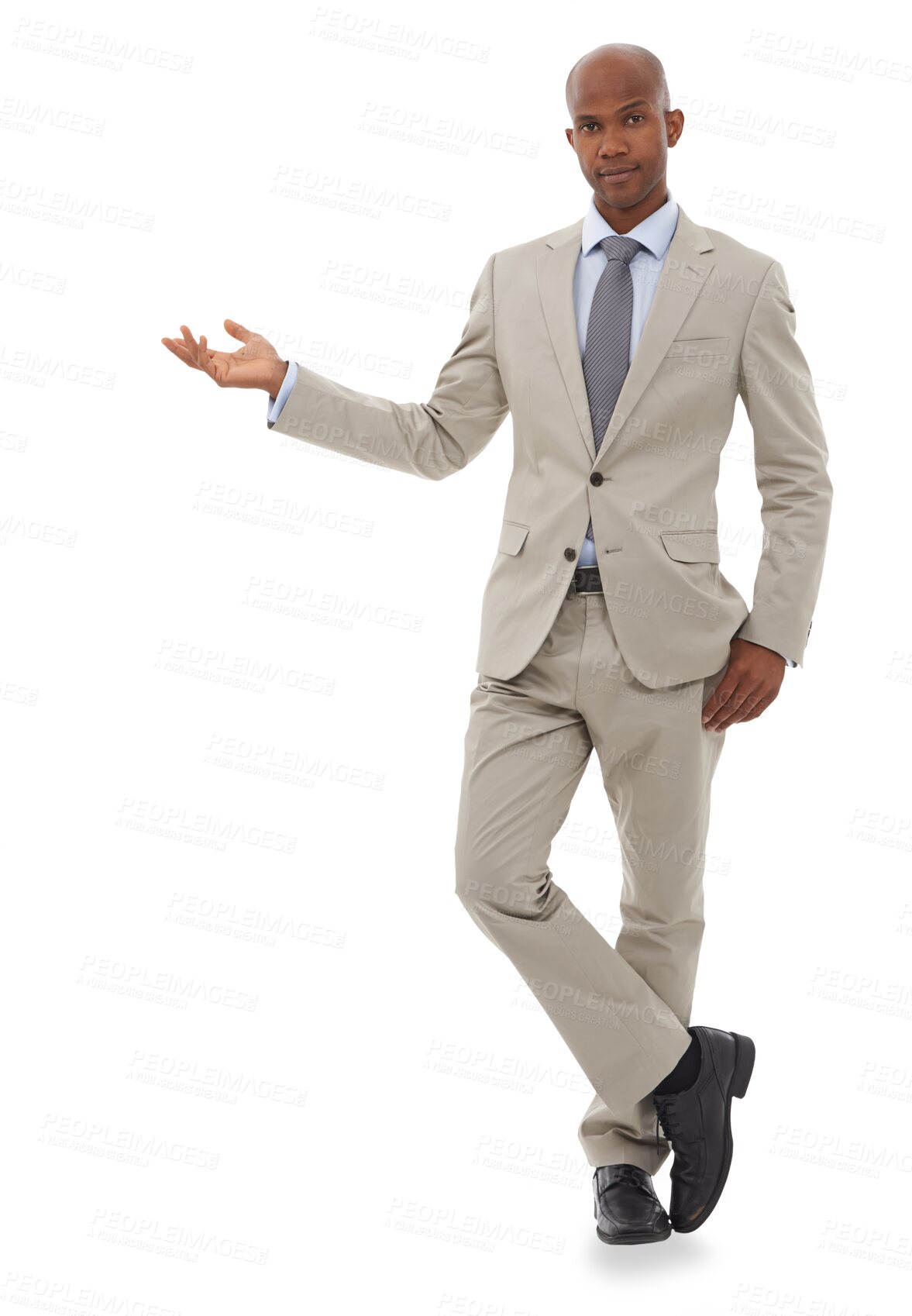 Buy stock photo Businessman, portrait or hand palm on investment deal, financial offer or product presentation. Full body, black man or corporate worker marketing, advertising or branding isolated on png background
