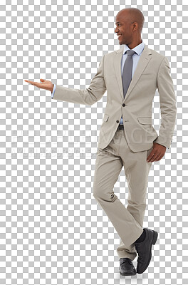 Buy stock photo Business, man and hand pointing with a smile for FAQ, vote or promo on isolated, transparent and png background. Finger, how to and African male show process, schedule or contact, information or step