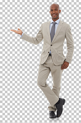 Buy stock photo Business man, portrait and advertising presentation of choice, news and isolated on a transparent png background. Happy african worker, hands and offer promotion of deal, announcement and information