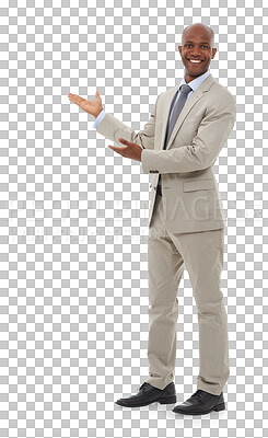 Buy stock photo Portrait, presentation and man hand pointing to FAQ, vote or promo on isolated, transparent and png background. Business, face and African male show process, schedule or contact, information or step