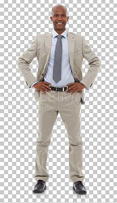 Buy stock photo Professional, happy and portrait of business black man with hands on hips on png and transparent background. Corporate worker, confident and isolated male person in suit for career, job and work