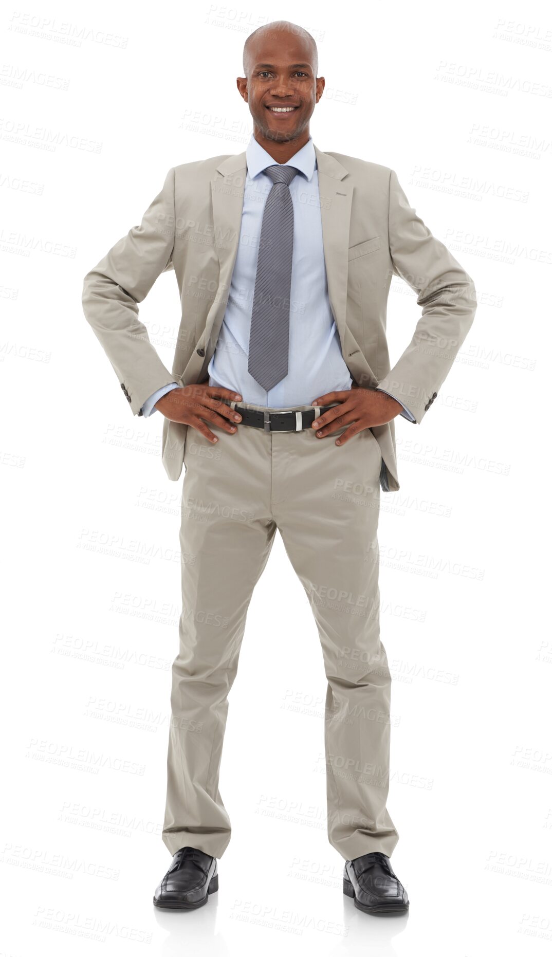 Buy stock photo Professional, happy and portrait of business black man with hands on hips on png and transparent background. Corporate worker, confident and isolated male person in suit for career, job and work