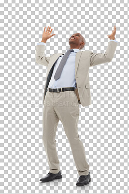 Buy stock photo Celebration, success and business man or winner isolated on a transparent, png background. Professional African person with hands for excited win, achievement and corporate career victory or bonus