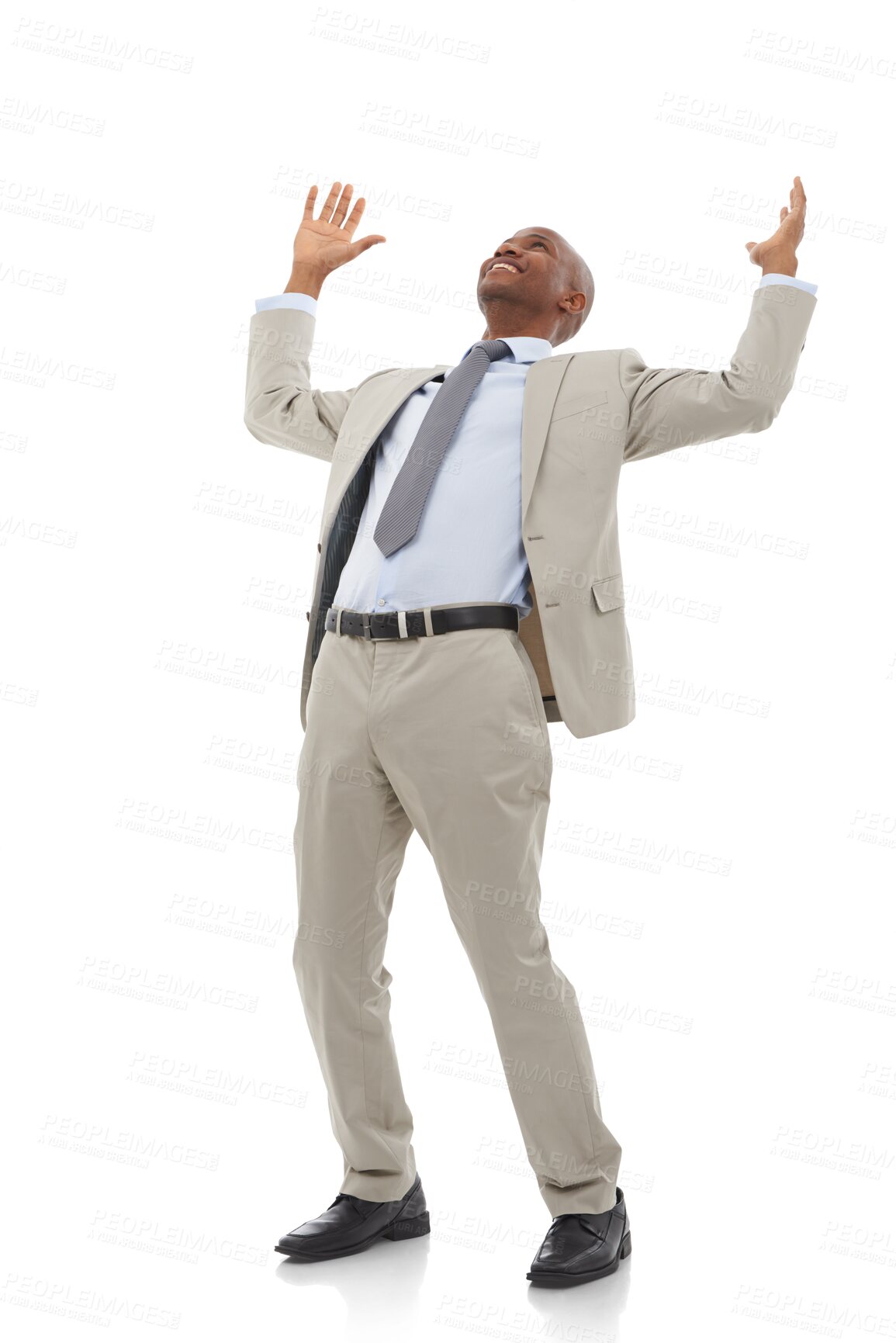 Buy stock photo Celebration, success and business man or winner isolated on a transparent, png background. Professional African person with hands for excited win, achievement and corporate career victory or bonus