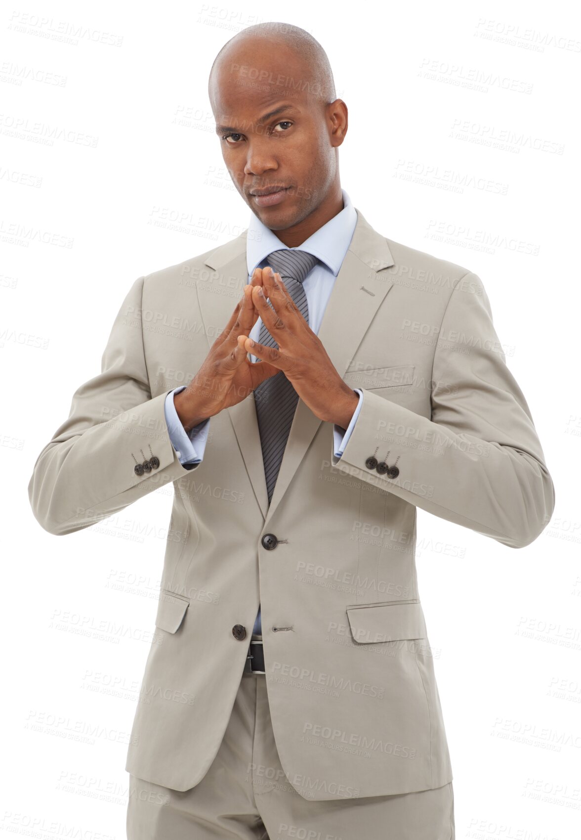 Buy stock photo Corporate, professional and portrait of business black man on isolated, png and transparent background. Confident, success and serious male entrepreneur with hands together for pride, power or career