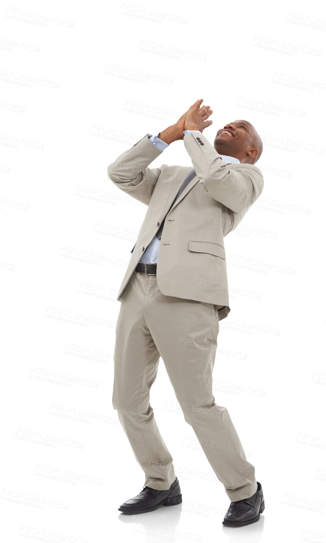 Buy stock photo Celebrate, success and business man with gratitude isolated on a transparent, png background. Happy African person with prayer hands for win, achievement and corporate career victory or thank you